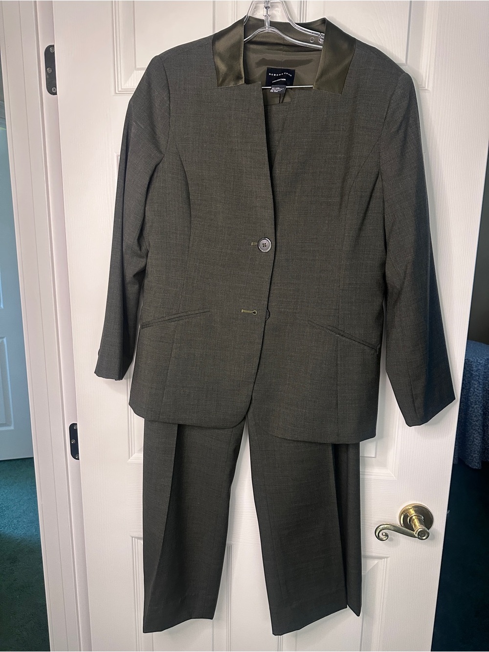 Doncaster Olive Green Women's Two-Piece Pant Suit with Satin Trim
